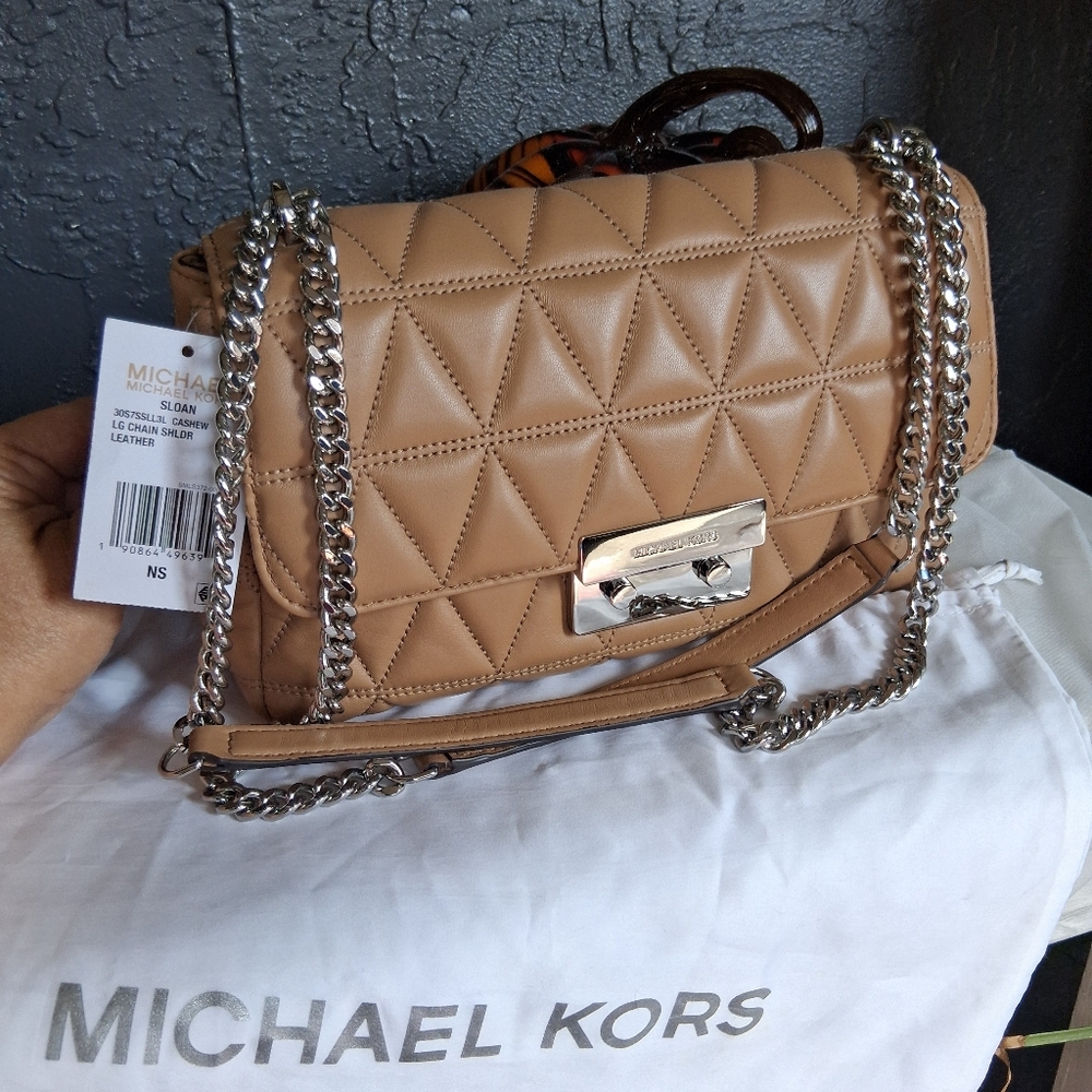 Michael Kors SLOAN CASHEW color Quilted Leather Shoulder Bag NWT